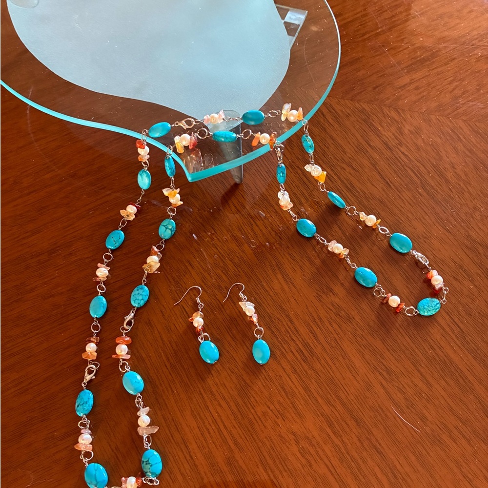 Turquoise and Coral Beaded Necklace and Earring Set